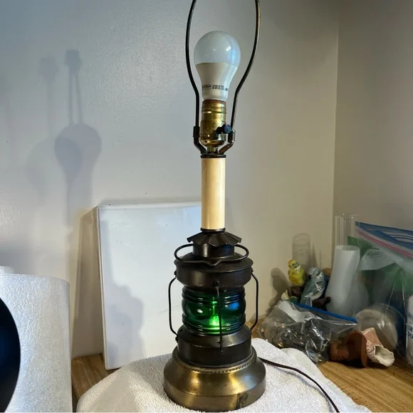 Vintage Nautical Lantern Electric Lamp Green Glass Lantern Base 3-Way Lamp - Picture 8 of 16